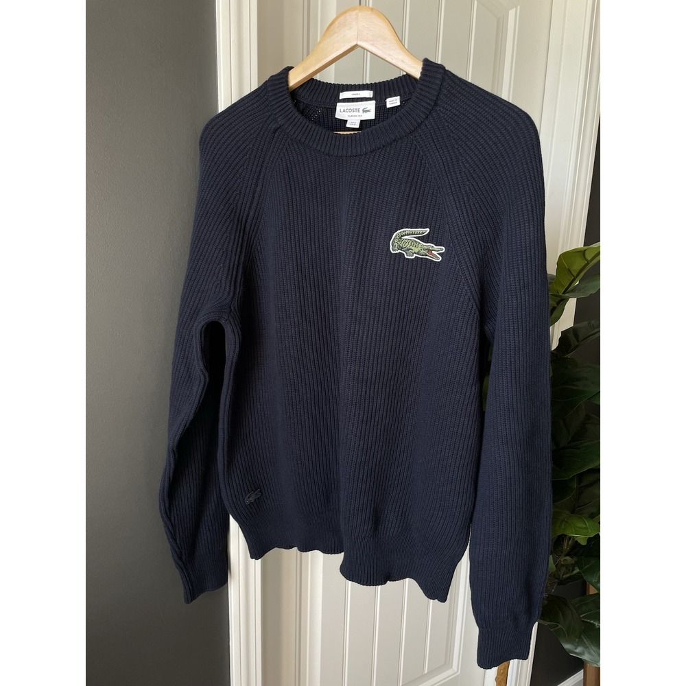 Lacoste Big Crocodile Navy Blue Ribbed Knit Crew Neck Sweater AH4168 Mens M